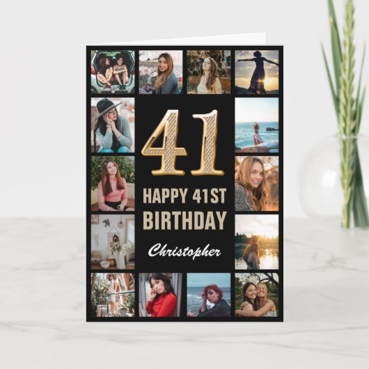Carte 41e Joyeux Anniversaire noir et or Collage photo (Devant)