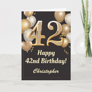 Carte 42e anniversaire Ballons Noir et Or Confetti