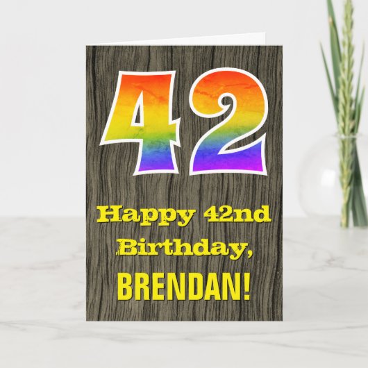 Carte 42e anniversaire : Rustic Faux Wood Look, Arc-en-c (Devant)