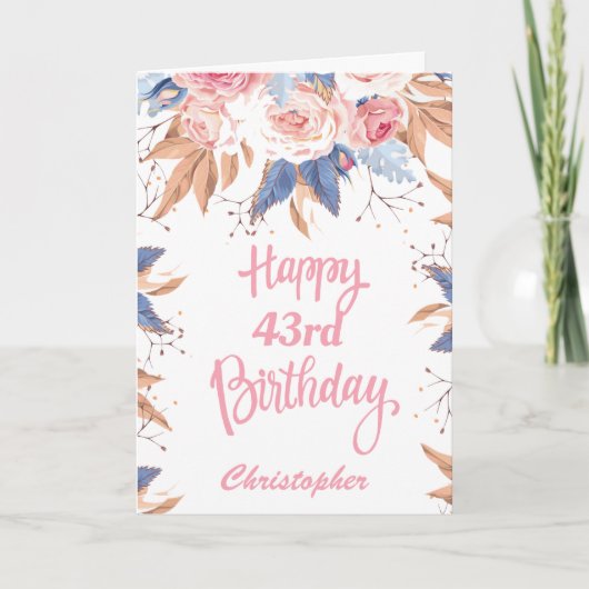 Carte 43e anniversaire Aquarelle Botanique Rose Floral (Devant)