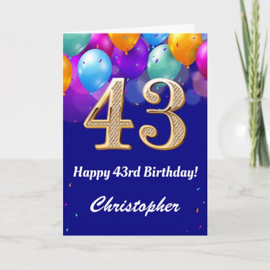 Carte 43e anniversaire Ballons bleu et or couleur marine (Devant)