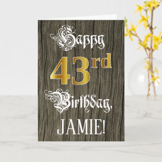 Carte 43e anniversaire : Faux Gold Look + Faux Wood Moti (Fleur jaune)