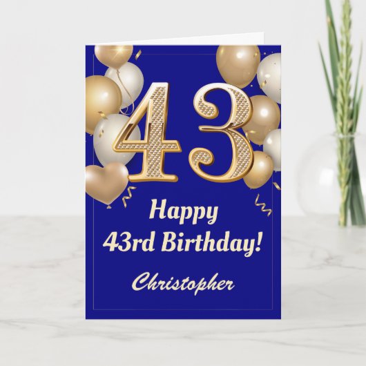 Carte 43e anniversaire Marine Bleu et Ballons d'or Confe (Devant)