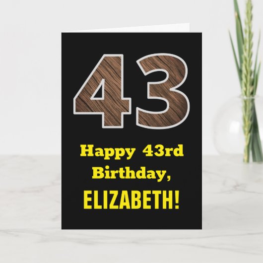 Carte 43e Anniversaire : Nom, Motif faux grain de bois " (Devant)