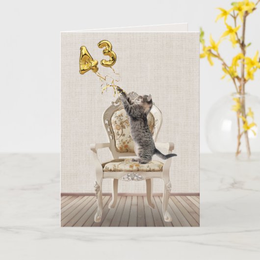 Carte 43e ballons d'anniversaire et chat Tabby (Fleur jaune)