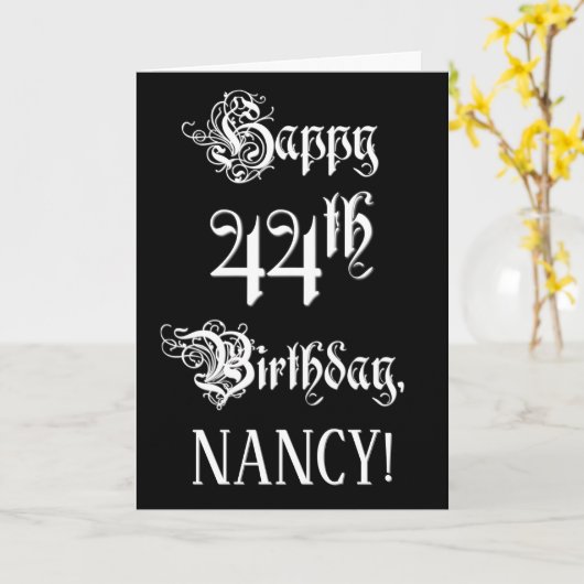 Carte 44e anniversaire : Fancy, Elegant Script + Nom per (Fleur jaune)