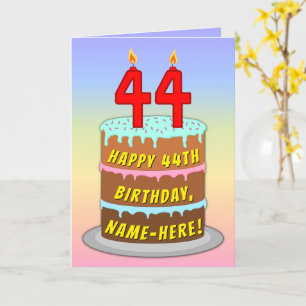 Carte 44e anniversaire — Fun Cake & Candles, avec nom pe