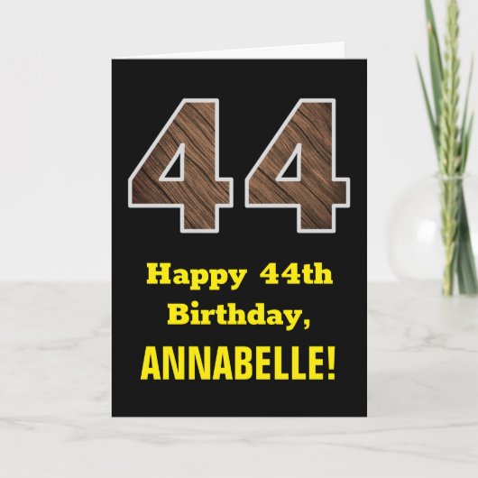 Carte 44e anniversaire : Nom, Motif Faux Wood Grain "44" (Devant)