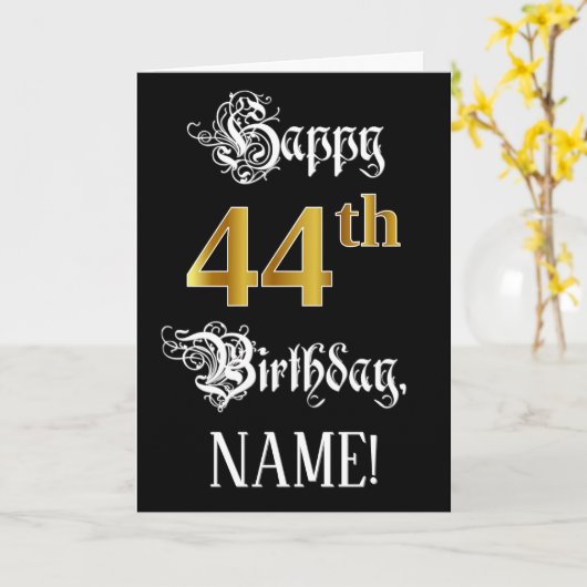 Carte 44e anniversaire — Script fantaisie; look or Faux; (Fleur jaune)
