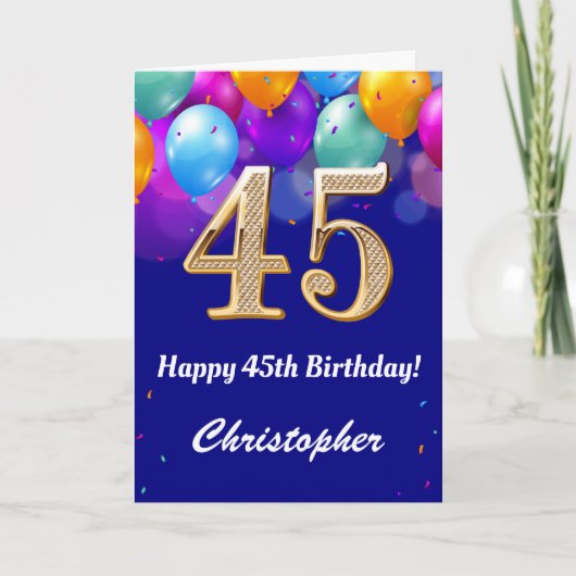 Carte 45e anniversaire Ballons bleu et or couleur marine (Devant)