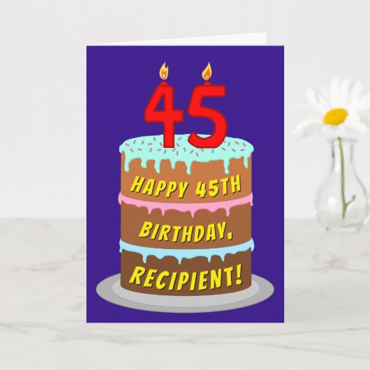 Carte 45e anniversaire : Gâteau et bougies amusants + No (Petite plante)