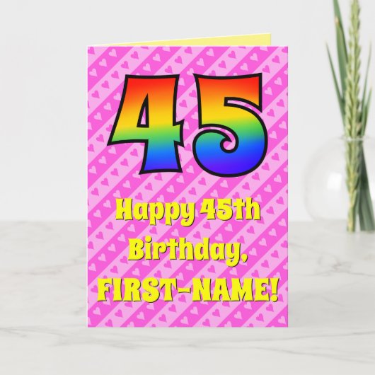 Carte 45e anniversaire : Pink Stripes & Hearts, Arc en c (Devant)