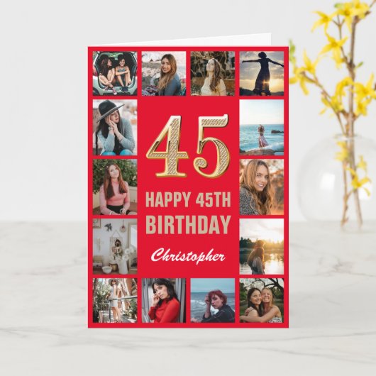 Carte 45e Joyeux Anniversaire Collage photo rouge et or (Fleur jaune)
