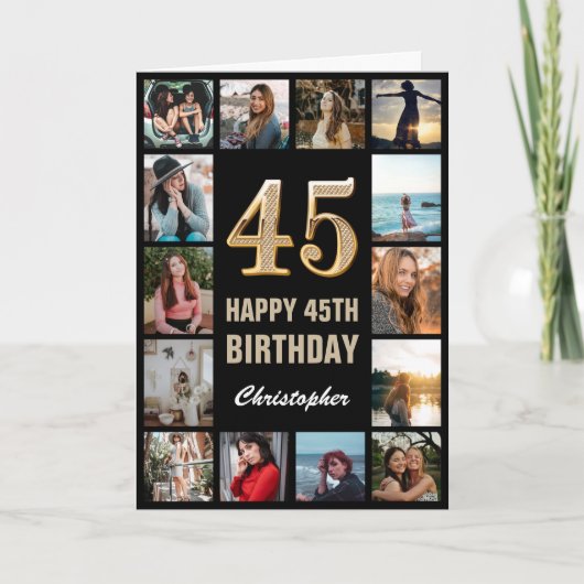 Carte 45e Joyeux anniversaire noir et or Collage photo (Devant)