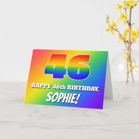 Carte 46e anniversaire : Motif arc-en-ciel multicolore n (Fleur jaune)