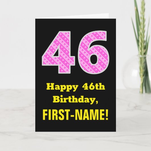 Carte 46e anniversaire : Pink Stripes and Hearts "46" + (Devant)