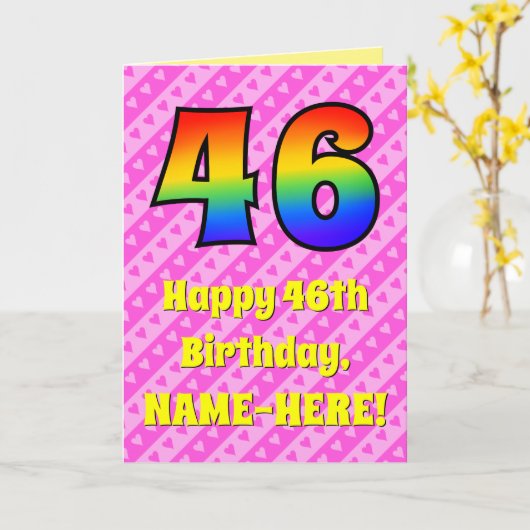 Carte 46e anniversaire : Pink Stripes & Hearts, Arc en c (Fleur jaune)