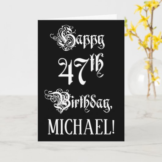 Carte 47e anniversaire : Fancy, Elegant Script + Nom per (Fleur jaune)