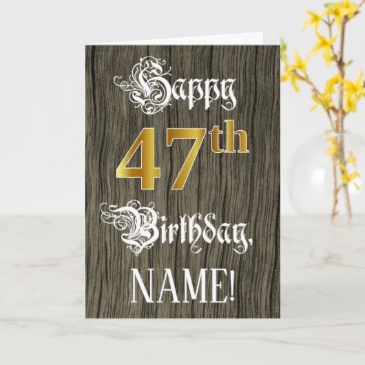 Carte 47e anniversaire : Faux Gold Look + Faux Wood Moti (Fleur jaune)