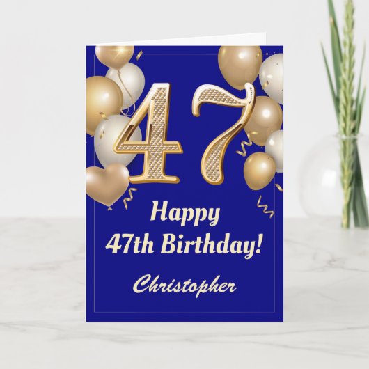 Carte 47e anniversaire Marine Bleu et Ballons d'or Confe (Devant)