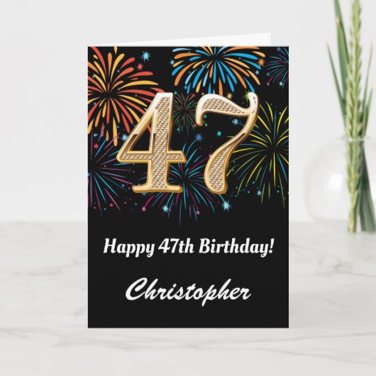 Carte 47e anniversaire Rainbow Fireworks noir et or (Devant)