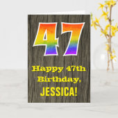 Carte 47e anniversaire : Rustic Faux Wood Look, Arc-en-c (Fleur jaune)