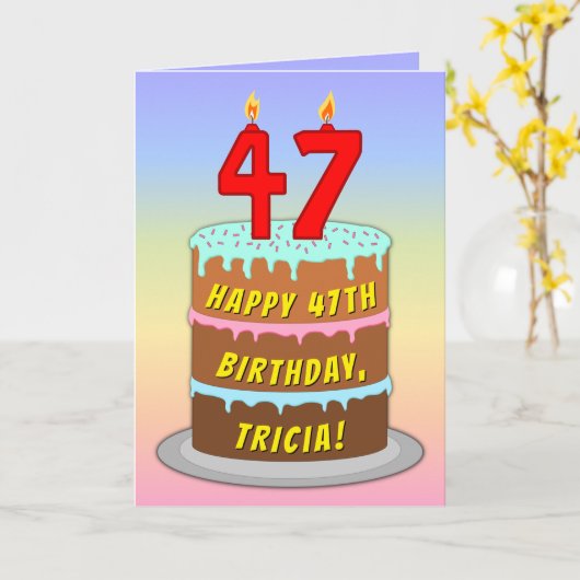 Carte 47th Birthday — Fun Cake & Candles, w/ Custom Name (Fleur jaune)