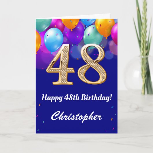 Carte 48e anniversaire Ballons bleu et or couleur marine (Devant)