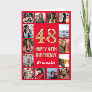 Carte 48e Joyeux Anniversaire Collage photo rouge et or