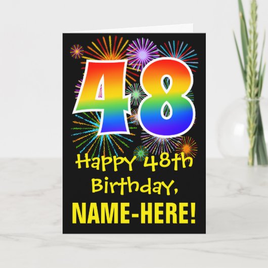 Carte 48ème anniversaire : Fun Fireworks Motif + Rainbow (Devant)