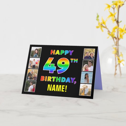 Carte 49e anniversaire : Rainbow Text, Custom Photos & N (Fleur jaune)