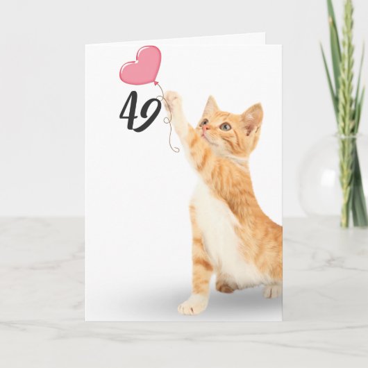 Carte 49e anniversaire tabby chat avec ballon cardiaque (Devant)