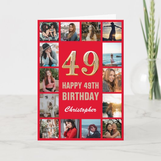 Carte 49e Joyeux Anniversaire Collage photo rouge et or (Devant)