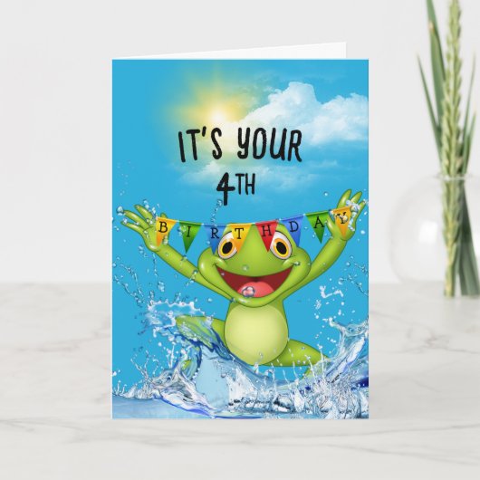 Carte 4 Anniversaire Grenouille à sauter dans l'eau (Devant)