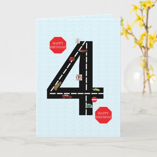 Carte 4 ans, 4 ans, voitures jouets et route (Fleur jaune)