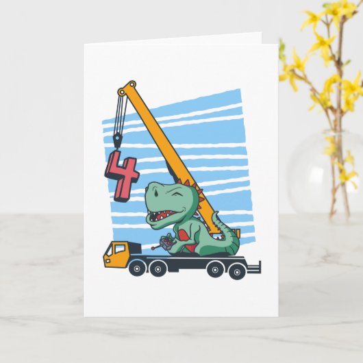 Carte 4 ans 4Anniversaire grue mobile Dinosaur (Fleur jaune)