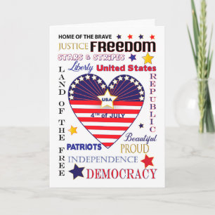 Carte 4 juillet American Holiday Typography Coeur Drapea