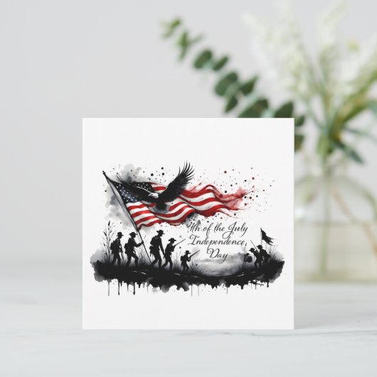 Carte 4 juillet art patriotique avec drapeau et soldats (Debout devant)