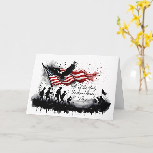 Carte 4 juillet art patriotique avec drapeau et soldats (Fleur jaune)