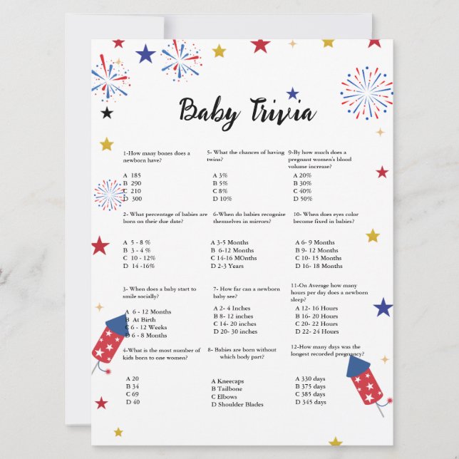 Carte 4 juillet bébé trivia jeu baby shower (Devant)
