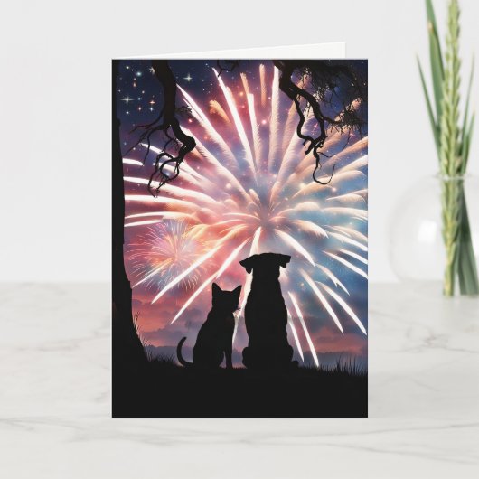 Carte 4 juillet Cute Chien et Chat regarder les feux d'a (Devant)