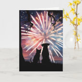 Carte 4 juillet Cute Chien et Chat regarder les feux d'a (Fleur jaune)