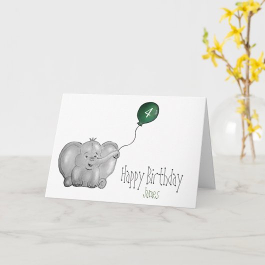 Carte 4 ou tout éléphant d'anniversaire avec ballon vert (Fleur jaune)