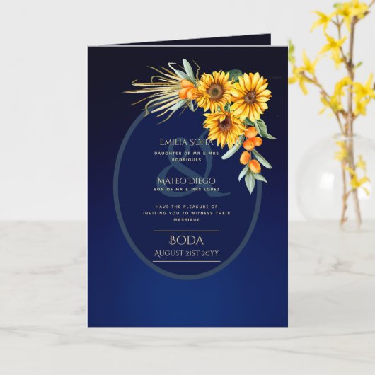 Carte 4 pg d'invitations de BODA espagnol, Blue Sunflowe (Fleur jaune)