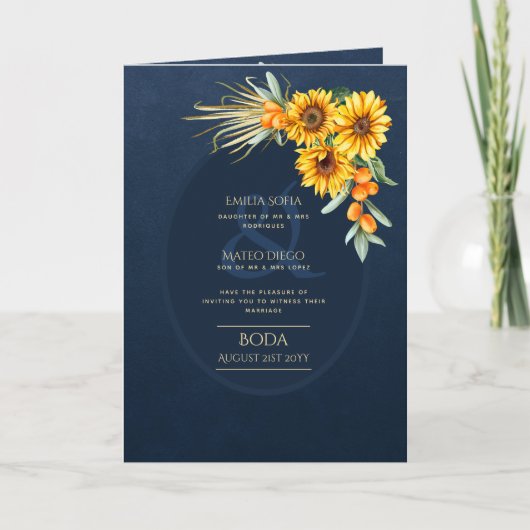 Carte 4 pg d'invitations de BODA espagnol, Blue Sunflowe (Devant)