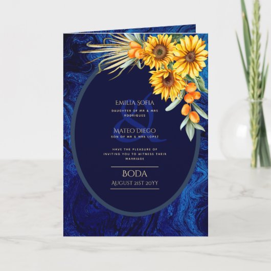 Carte 4 pg d'invitations de BODA espagnol, Blue Sunflowe (Devant)