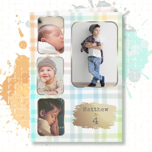 Carte 4e anniversaire 4 photos à carreaux aquarelle pour