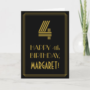 Carte 4e anniversaire : Art Déco Inspiré Look "4" & Nom