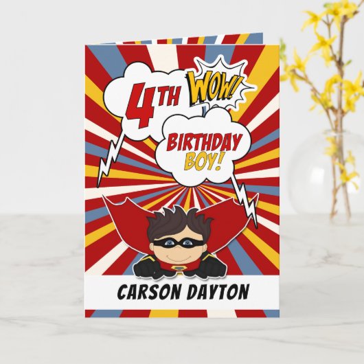 Carte 4e anniversaire Boy Superhero Thème de bande dessi (Fleur jaune)