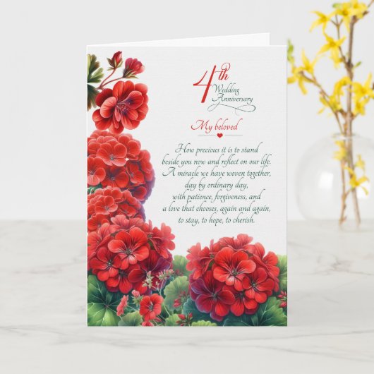 Carte 4e anniversaire de mariage Géraniums sentimentaux (Fleur jaune)